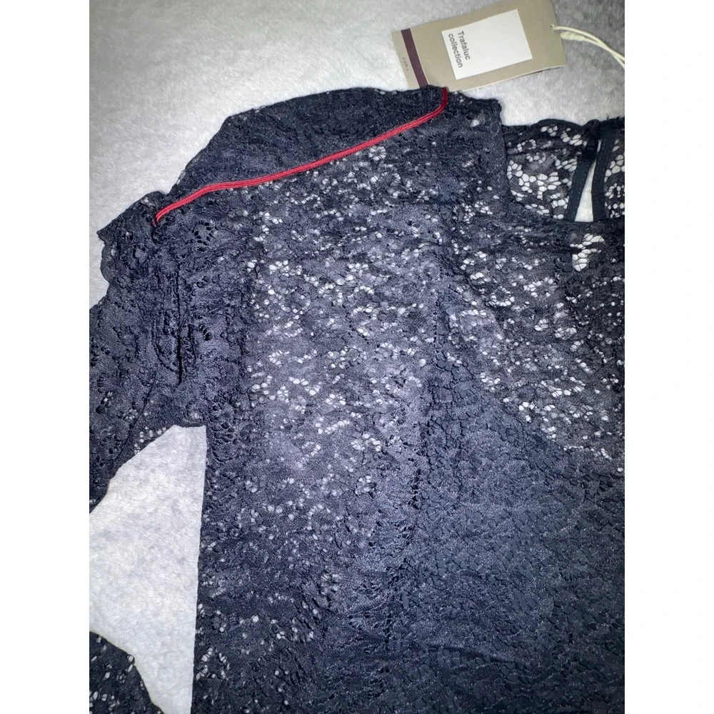 (B6) Zara Navy Blue Floral Lace Long Sleeve Blouse Red Piping Sheer Top XS NWT